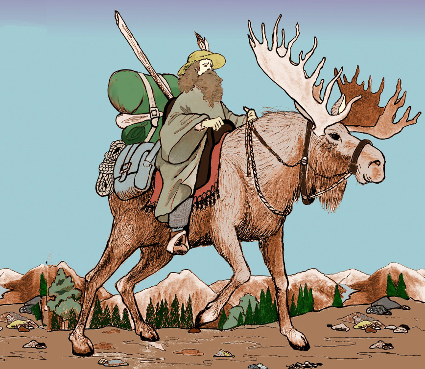 Un homme pauvrement vêtu, se promène au dos d'un orignal